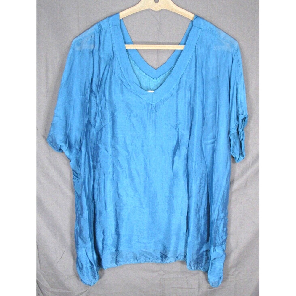 SOFIA ITALY Teal Blue Silk TOP TUNIC KAFTAN Tank Lined ASYMMETRIC HEM V-NECK M